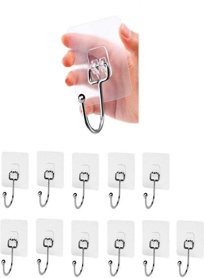 SEMITO Sticker Hook for Wall Self Adhesive Hook for Bathroom and Kitchen Wall Strong Stainless Steel Material No Drilling Needed Wall Mount Sticker Hook Transparent Sticker Silver Colour Pack of 12 - Image 1